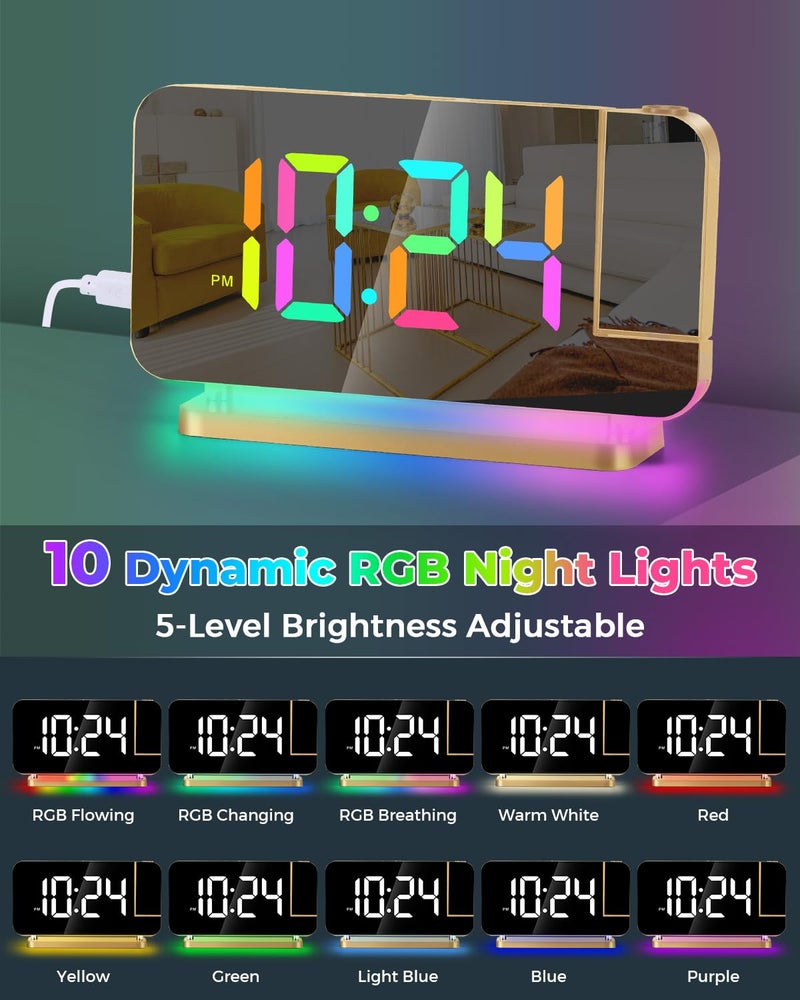 SZELAM Projection Alarm Clock 7.4"" LED Mirror Digital Clocks Large Display with 180 Rotatable Projector RGB Night Light USB C Port Auto Dimmer  Loud Desk Clock for Heavy Sleeper Bedroom - Gold - Image 4